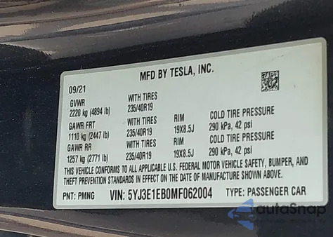 2021 Tesla Model 3 Long Range Dual Motor All-Wheel Drive z USA, uszkodzony, nr VIN 5YJ3E1EB0MF062004